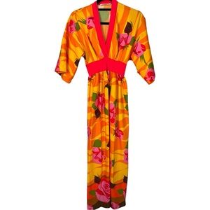 🥑5/$25 Olgawear Vibrant Vintage 1970s Orange Maxi Dress With Pink Rose Print 10